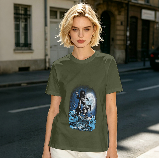 Olive T-Shirt With Gothic Moonlit Water Creature Graphic Print