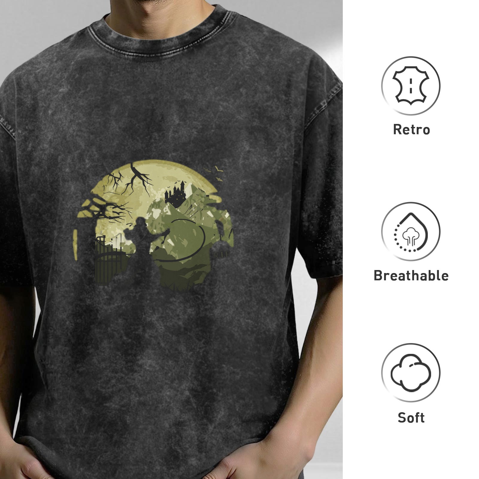 Oversized Stonewashed T-Shirt with Gothic Moon Castle Silhouette Graphic