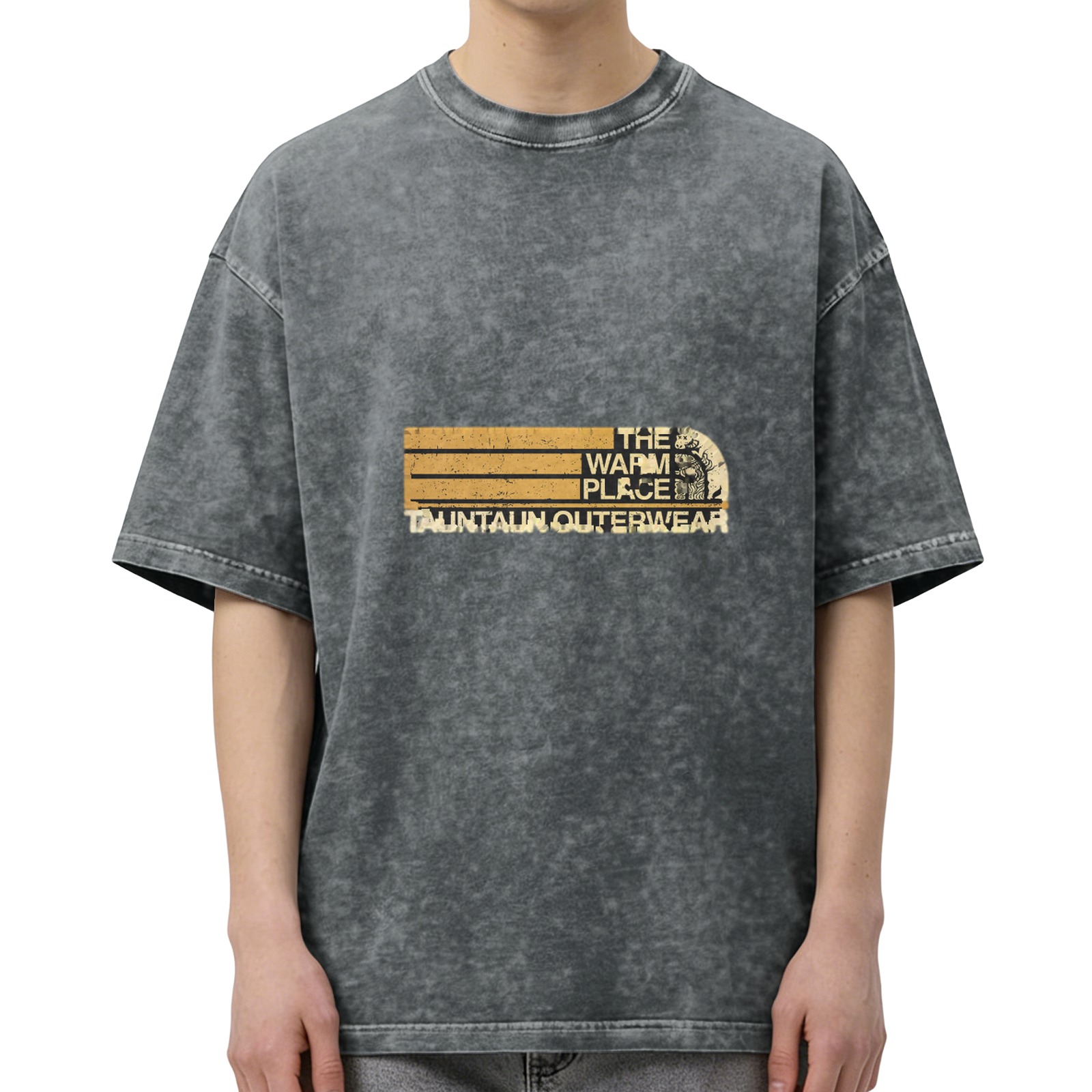 Distressed washed black loose short-sleeved T-shirt Fun spoof outdoor brand printed top