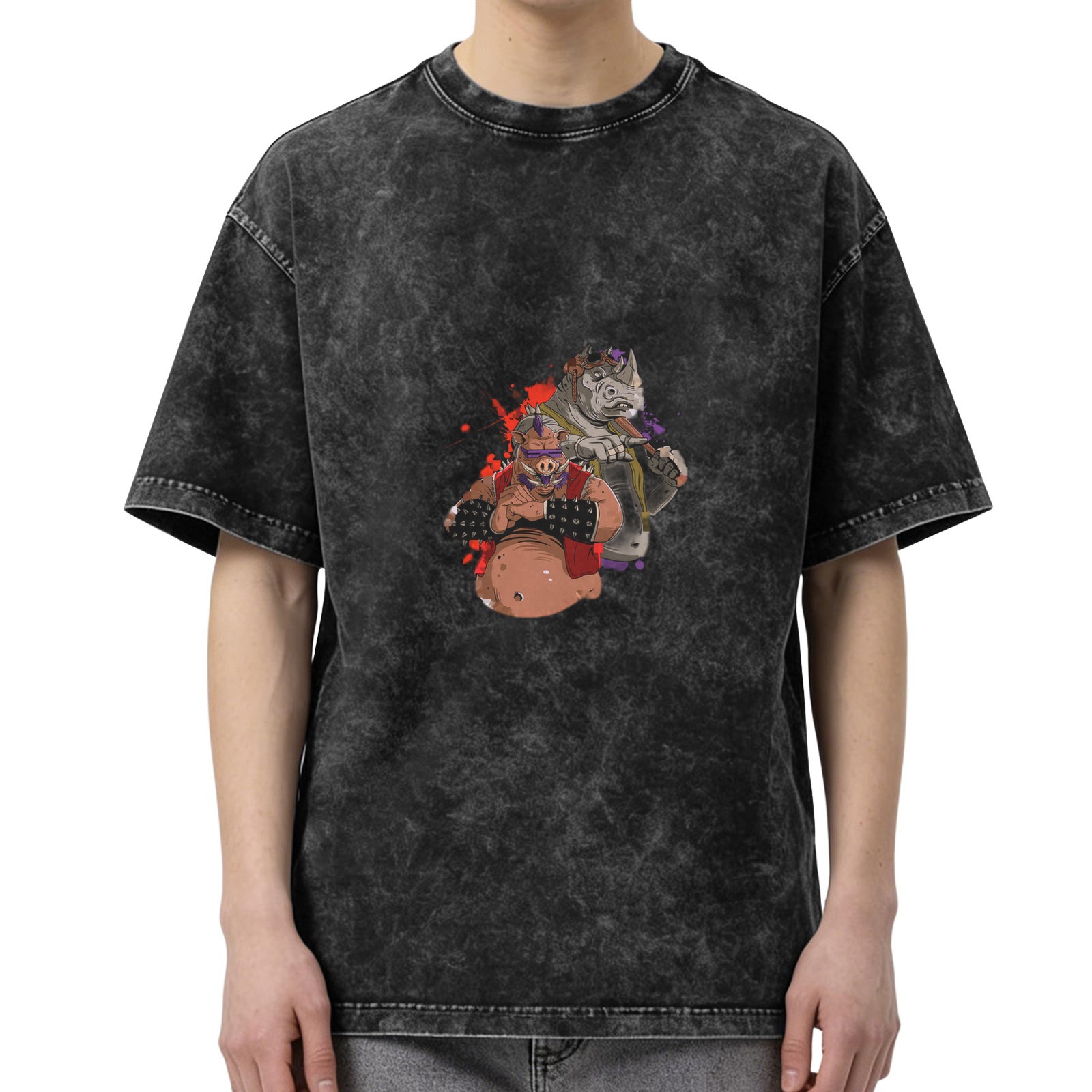 Washed Black Oversized T-Shirt With Bebop And Rocksteady Graphic