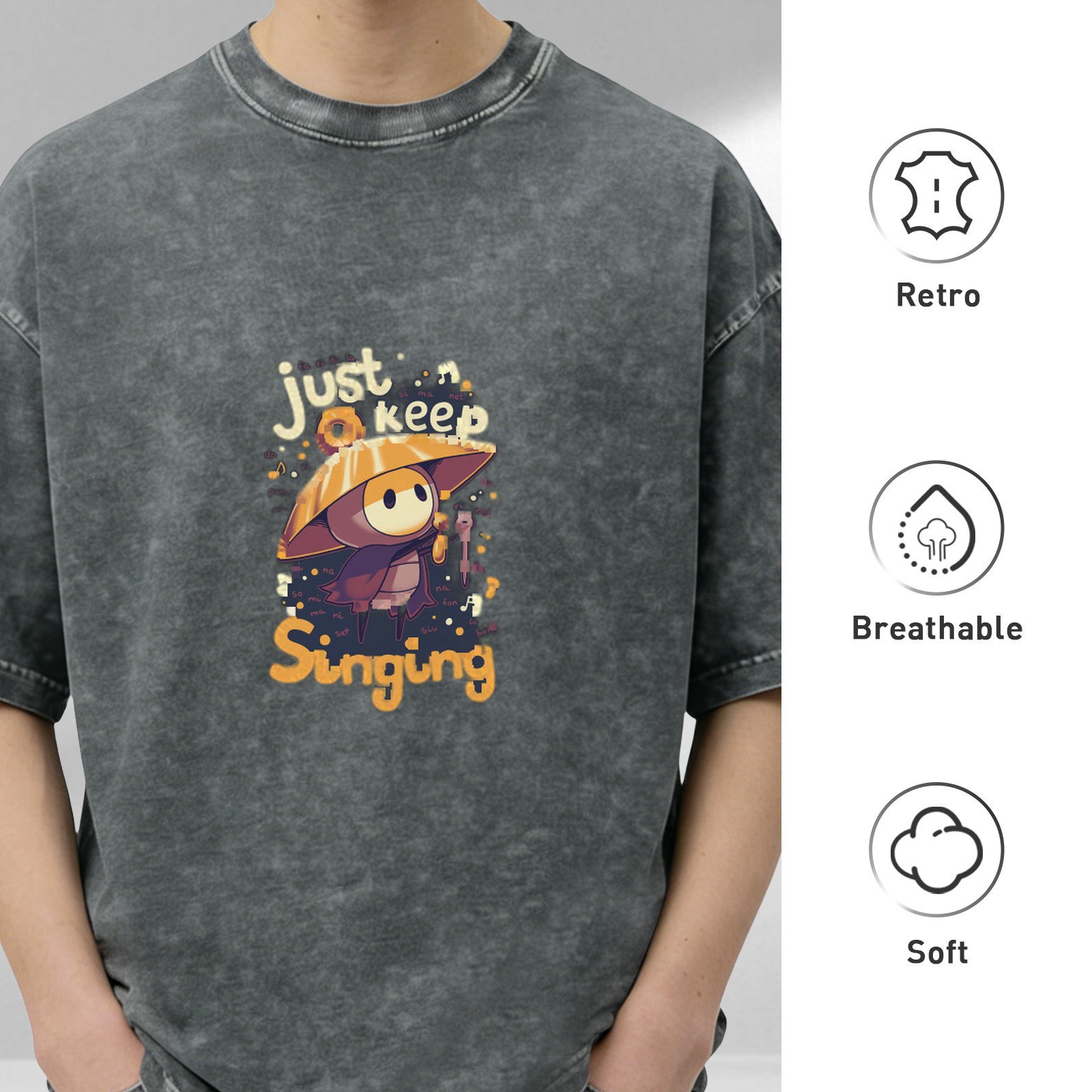 Just Keep Singing Mushroom Character Graphic Acid Wash T-Shirt
