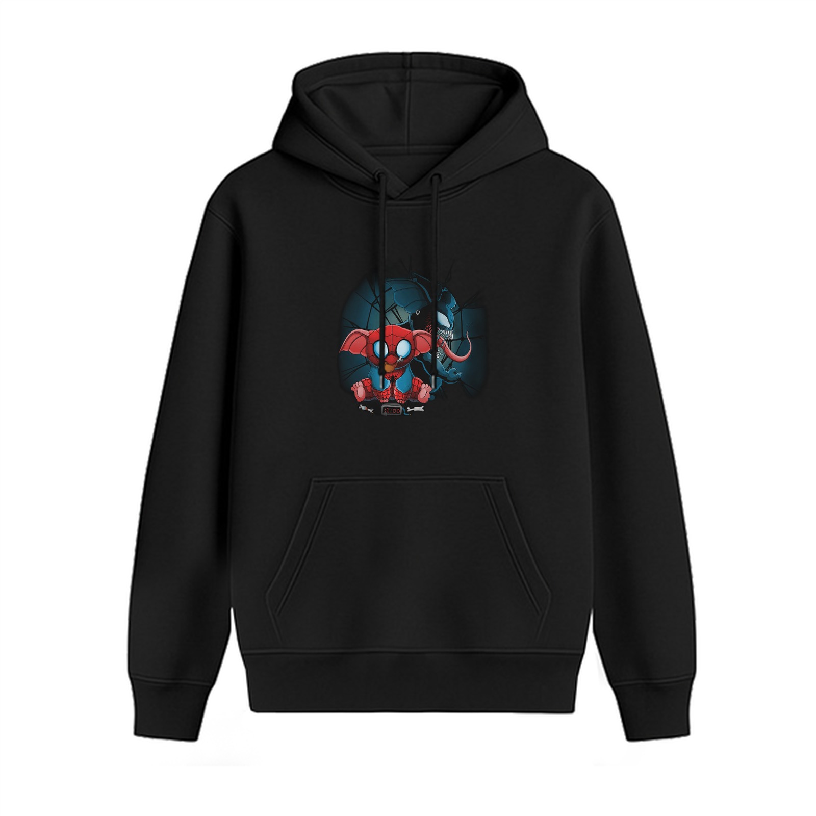 Black hoodie with cartoon elephant superhero graphic print