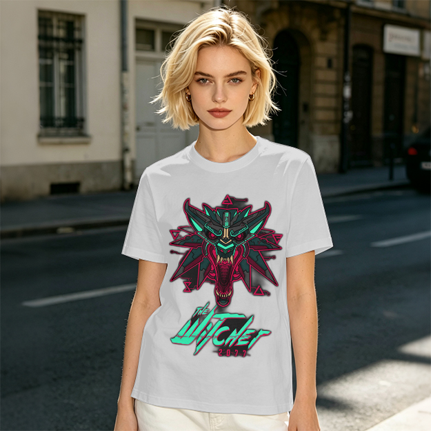 Olive green t-shirt with cyberpunk witcher wolf head graphic