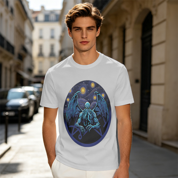 Olive T-Shirt with Cthulhu Starry Night Graphic Print