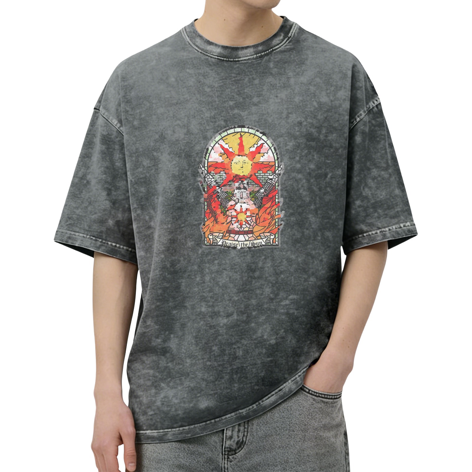 Dark Wash Oversized T-Shirt with 'Praise the Sun' Stained Glass Style Graphic