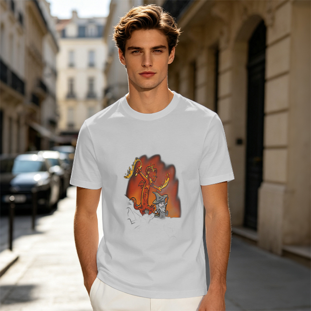 Olive T-shirt with Cartoon Demon and Wizard Fantasy Print