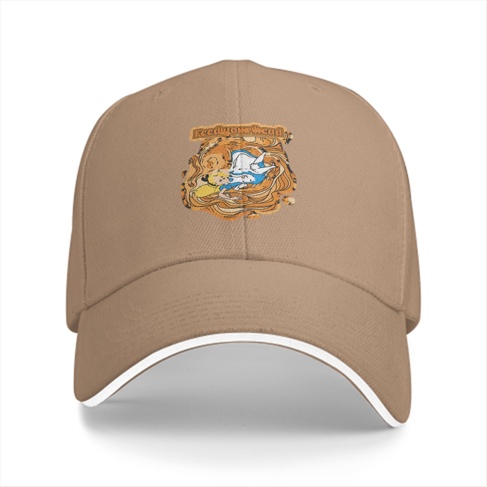 Black baseball cap with whimsical illustrated character design