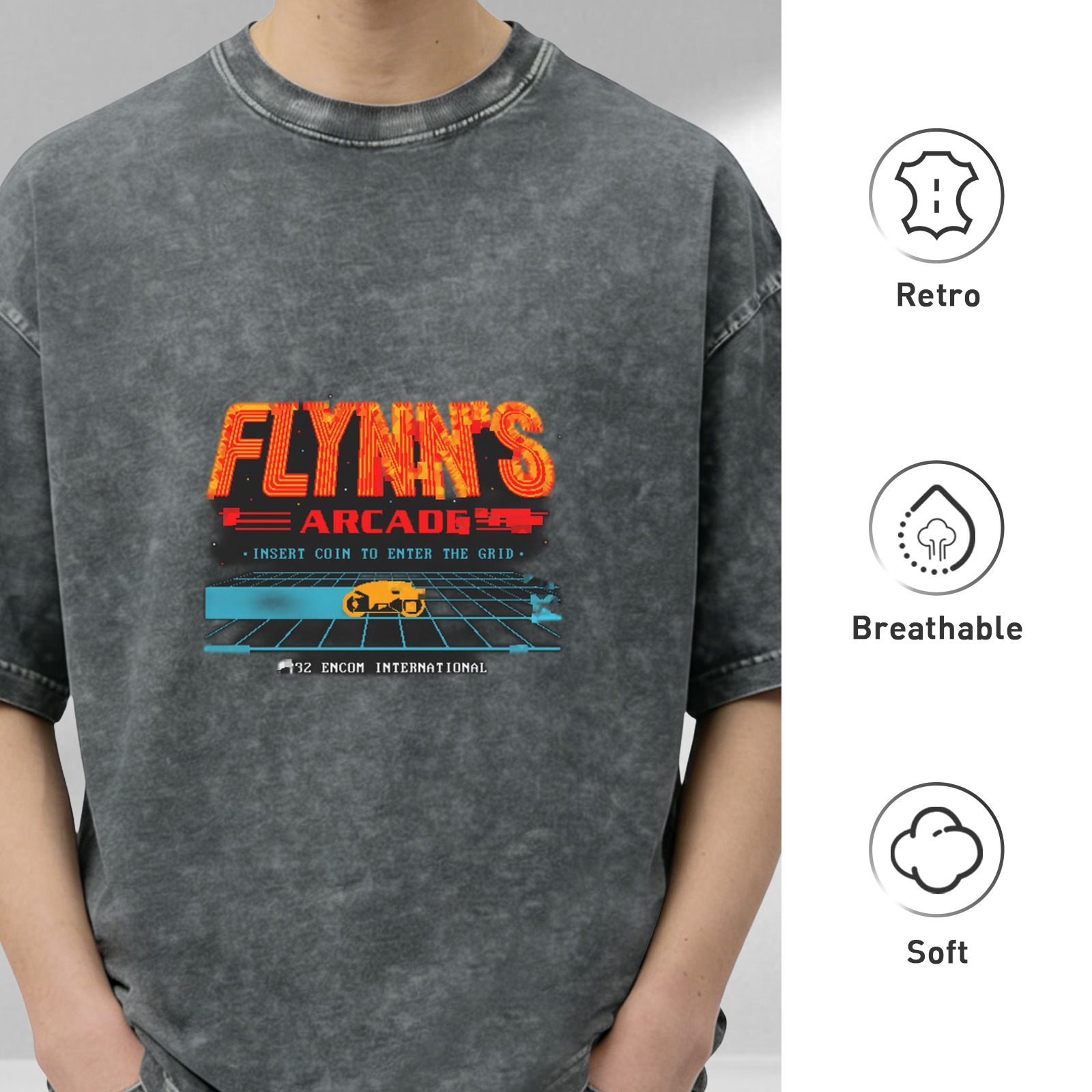 Flynn's Arcade retro distressed washed black short-sleeved T-shirt TRON themed game printed top