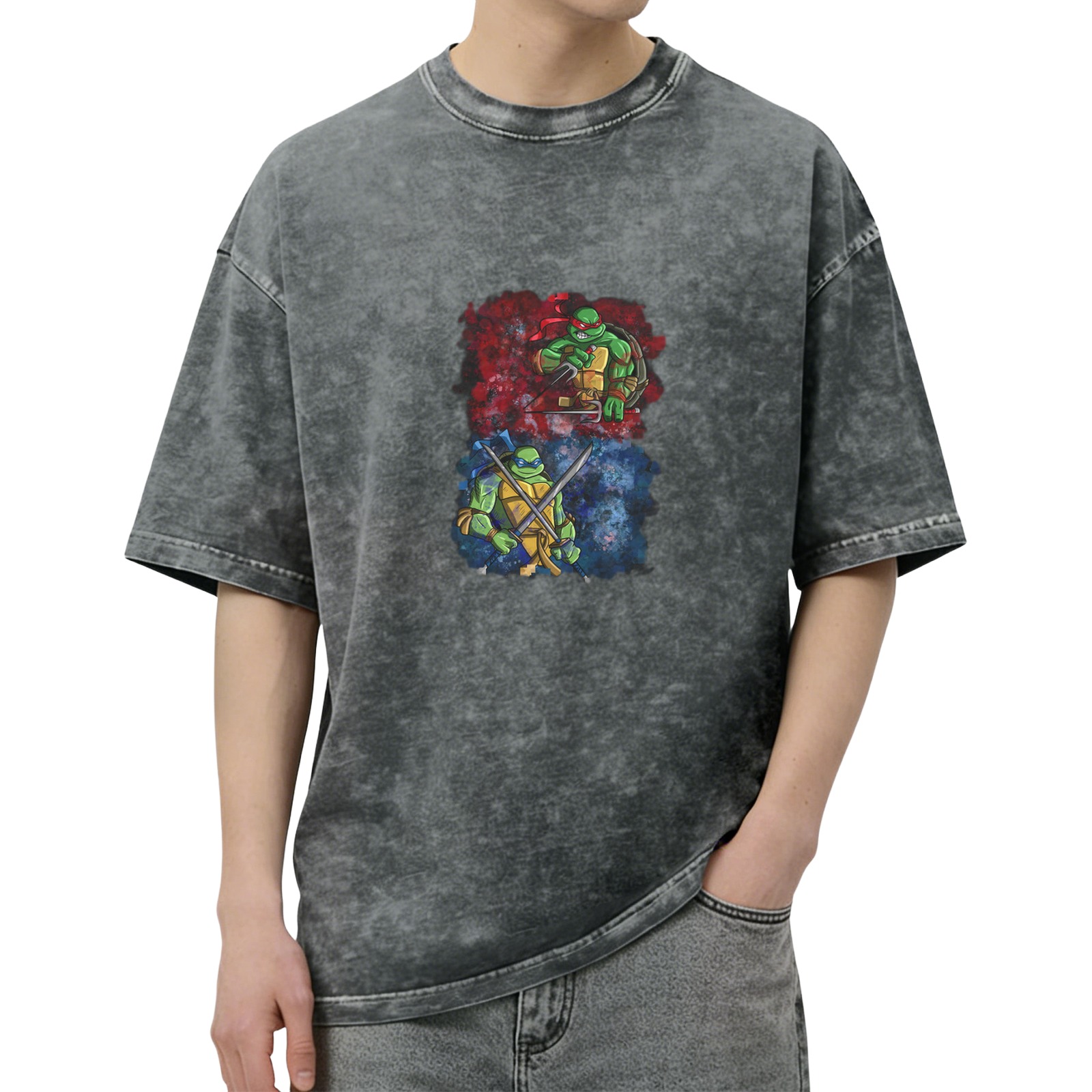 Washed Black Oversized T-Shirt with Teenage Mutant Ninja Turtles Graphic