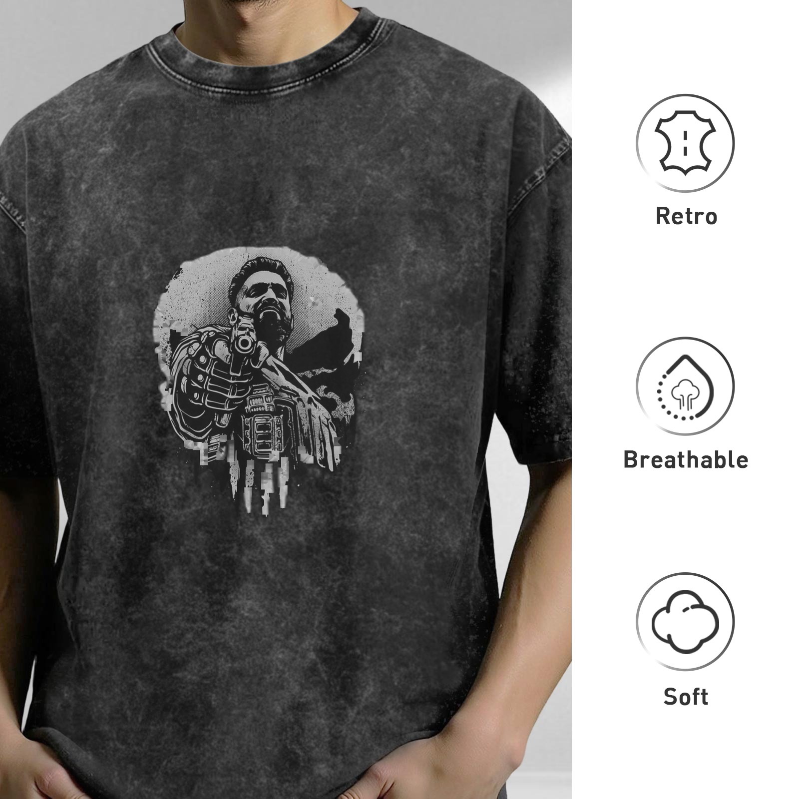 Washed Black Graphic T-Shirt With Bearded Warrior Skull Print