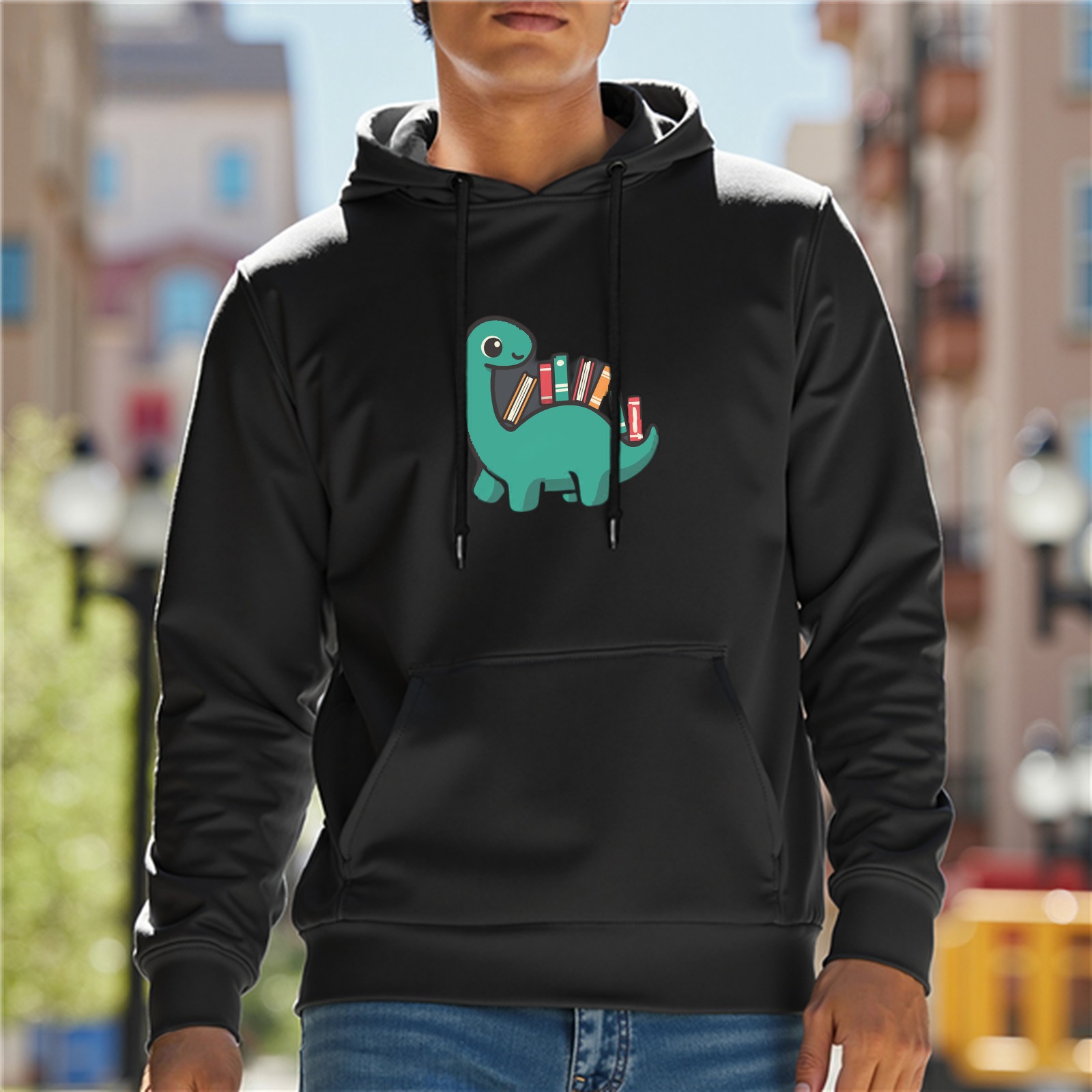 Black Hoodie With Cute Dinosaur Carrying Books Graphic