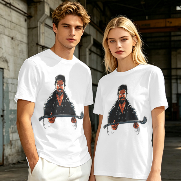Olive T-Shirt With Bearded Man Holding Crowbar Graphic Print