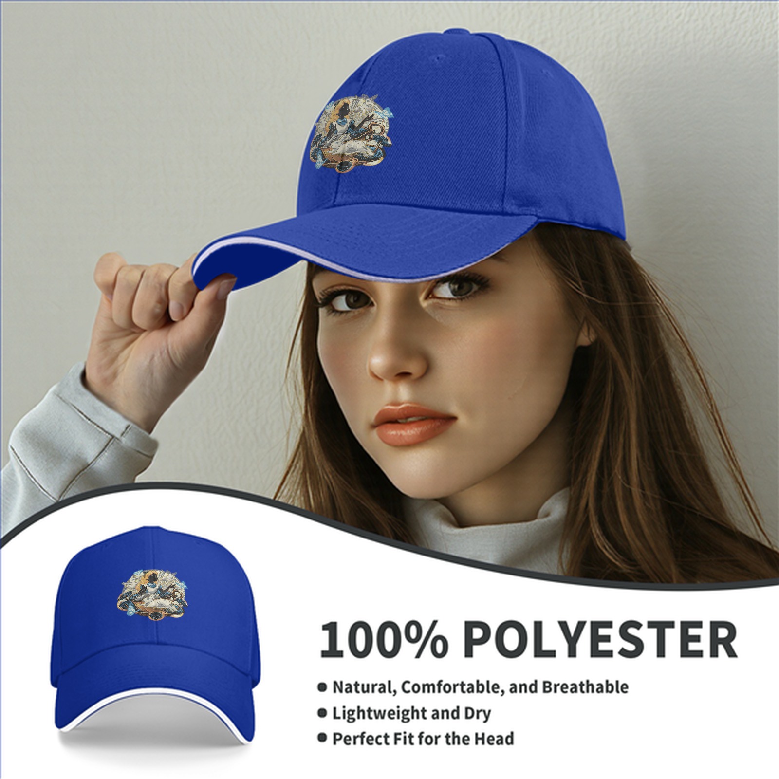 Black baseball cap with Alice in Wonderland themed graphic