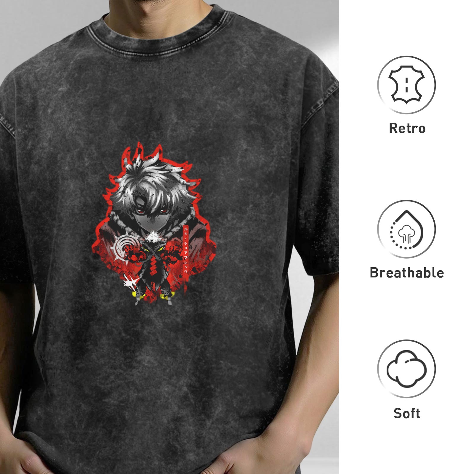 Oversized Acid Wash T-Shirt with Dark Anime Character Print