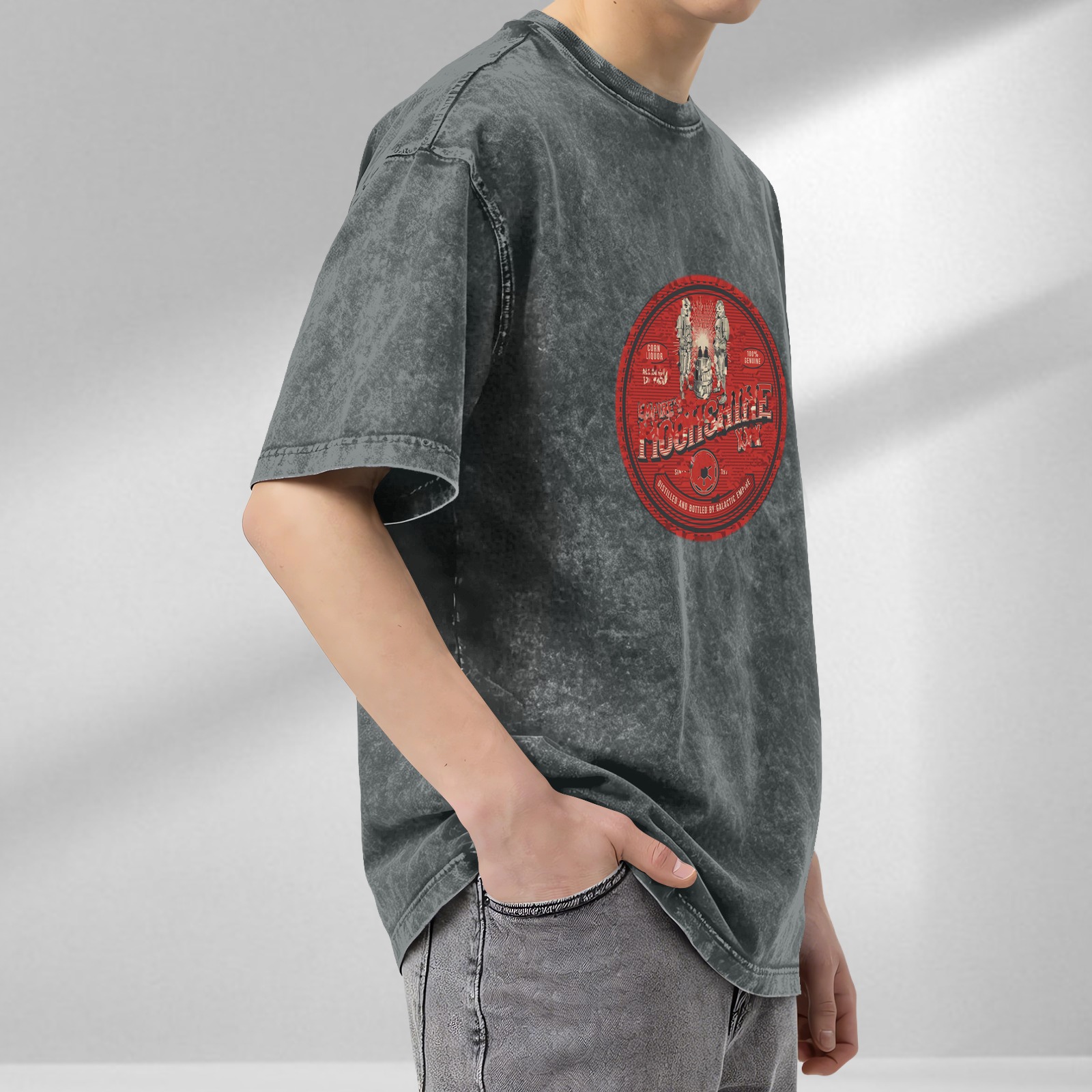 Vintage Black Acid Wash T-Shirt with Red Galactic Moonshine Graphic