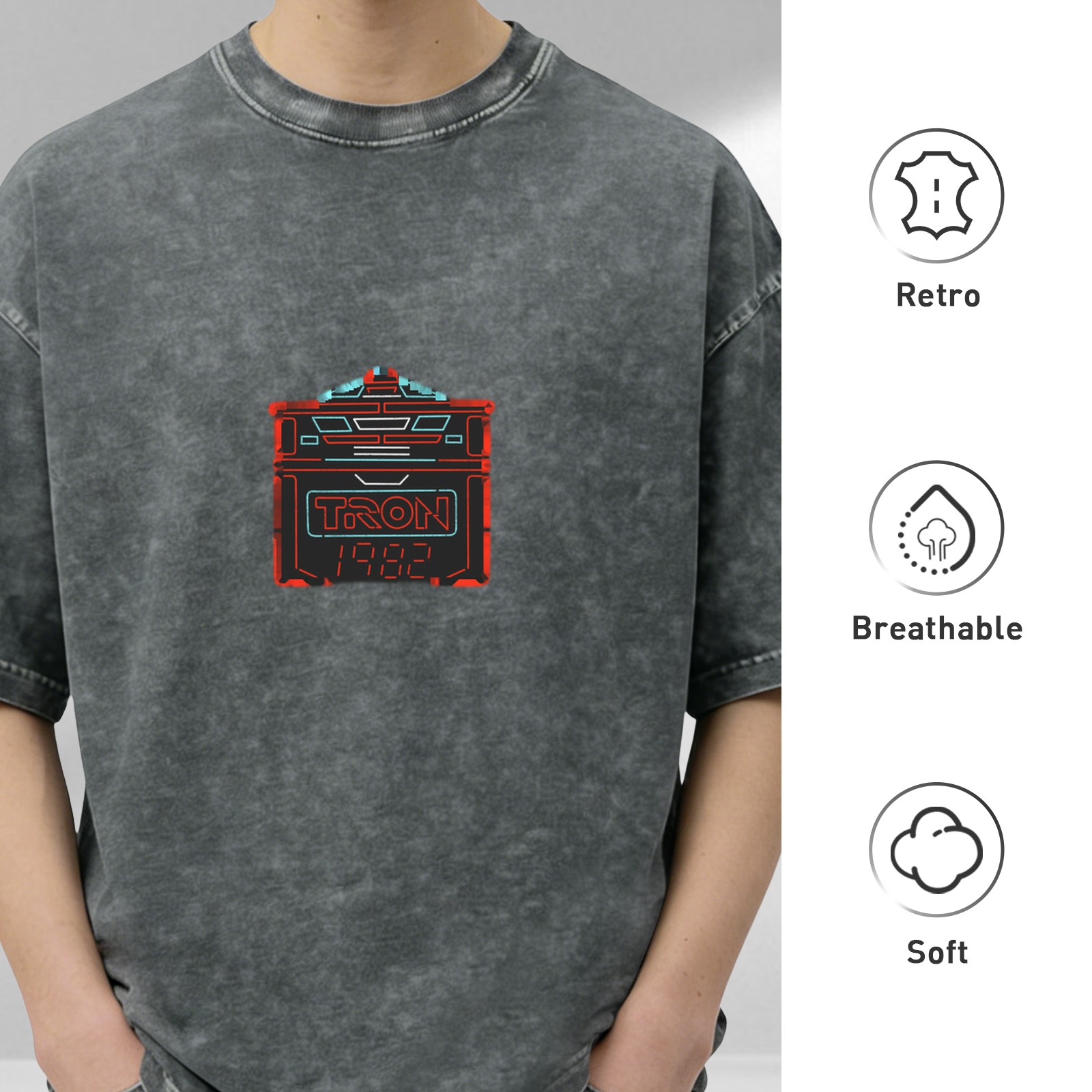Retro washed black loose short-sleeved T-shirt TRON 1982 themed printed distressed top