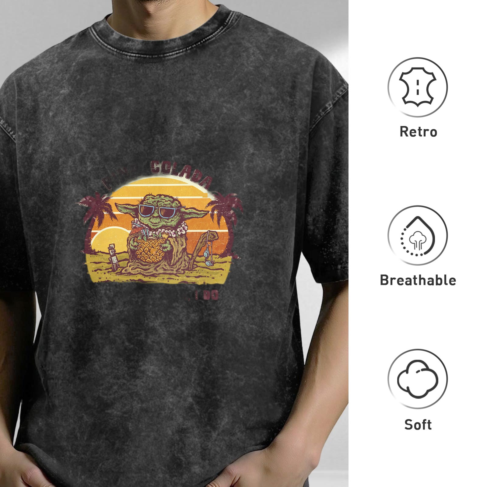 Washed black t-shirt with tropical Yoda sunset graphic