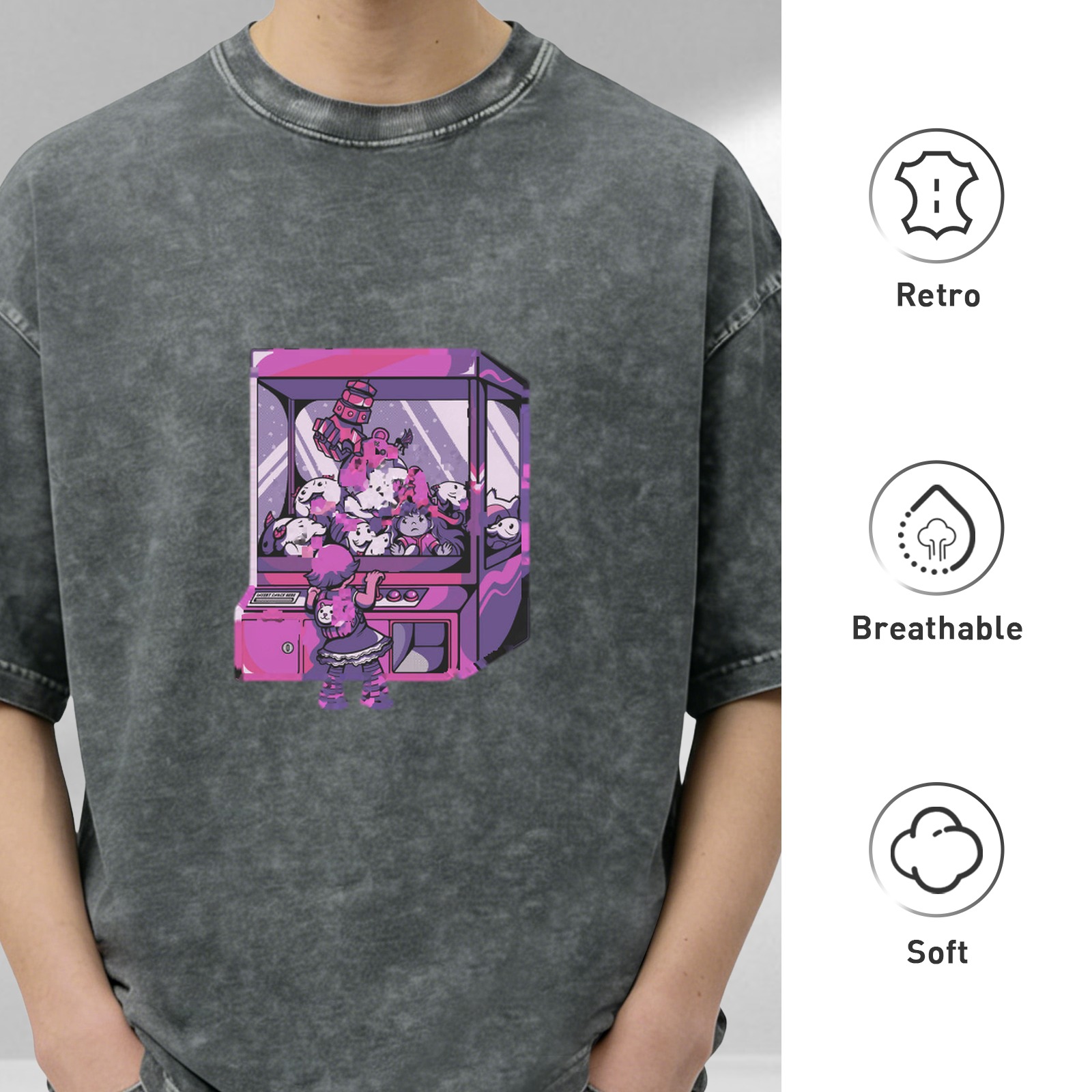 Oversized acid wash t-shirt with anime claw machine graphic