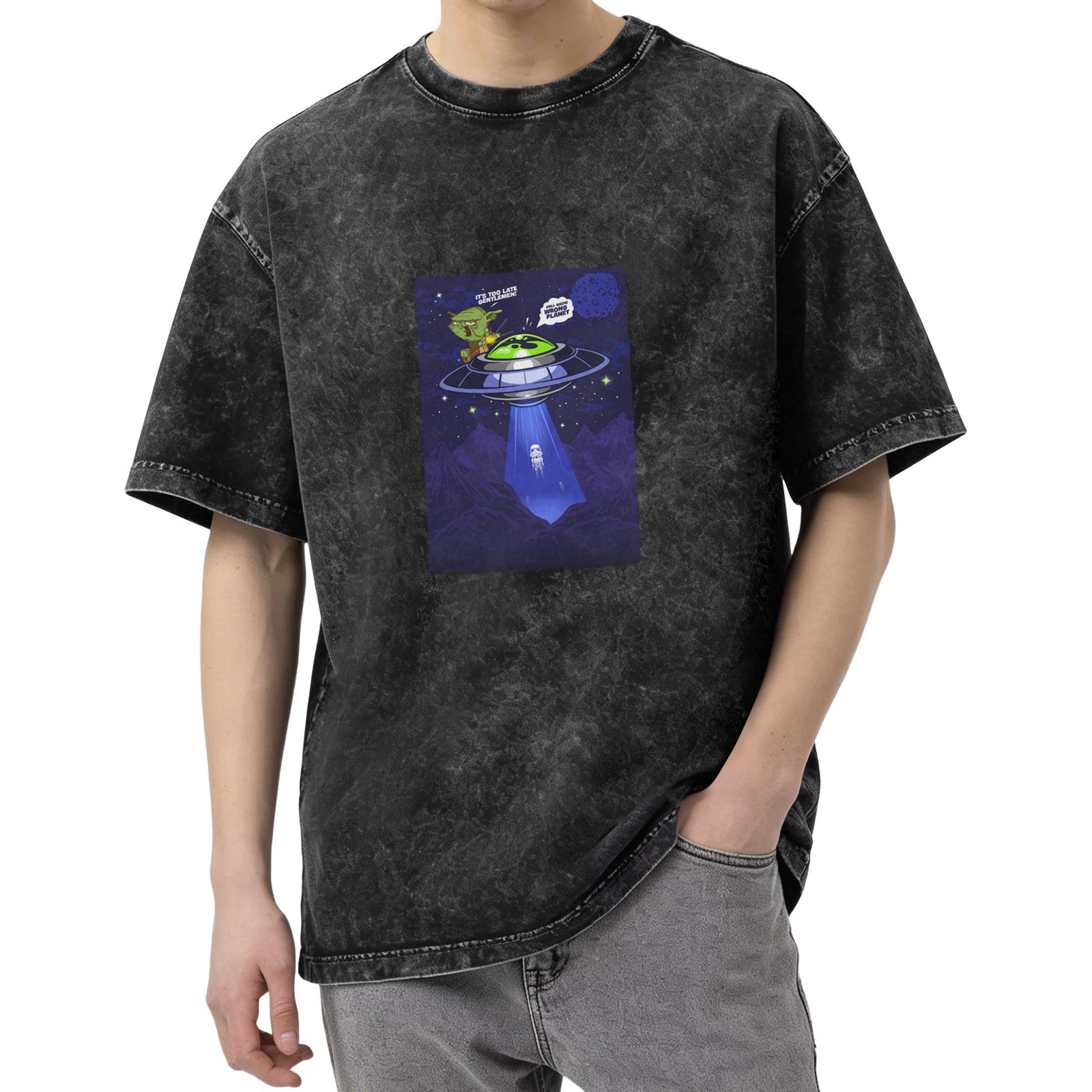 Oversized acid wash t-shirt with alien UFO abduction graphic