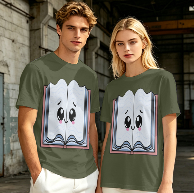 Olive T-Shirt With Cute Smiling Open Book Graphic Print