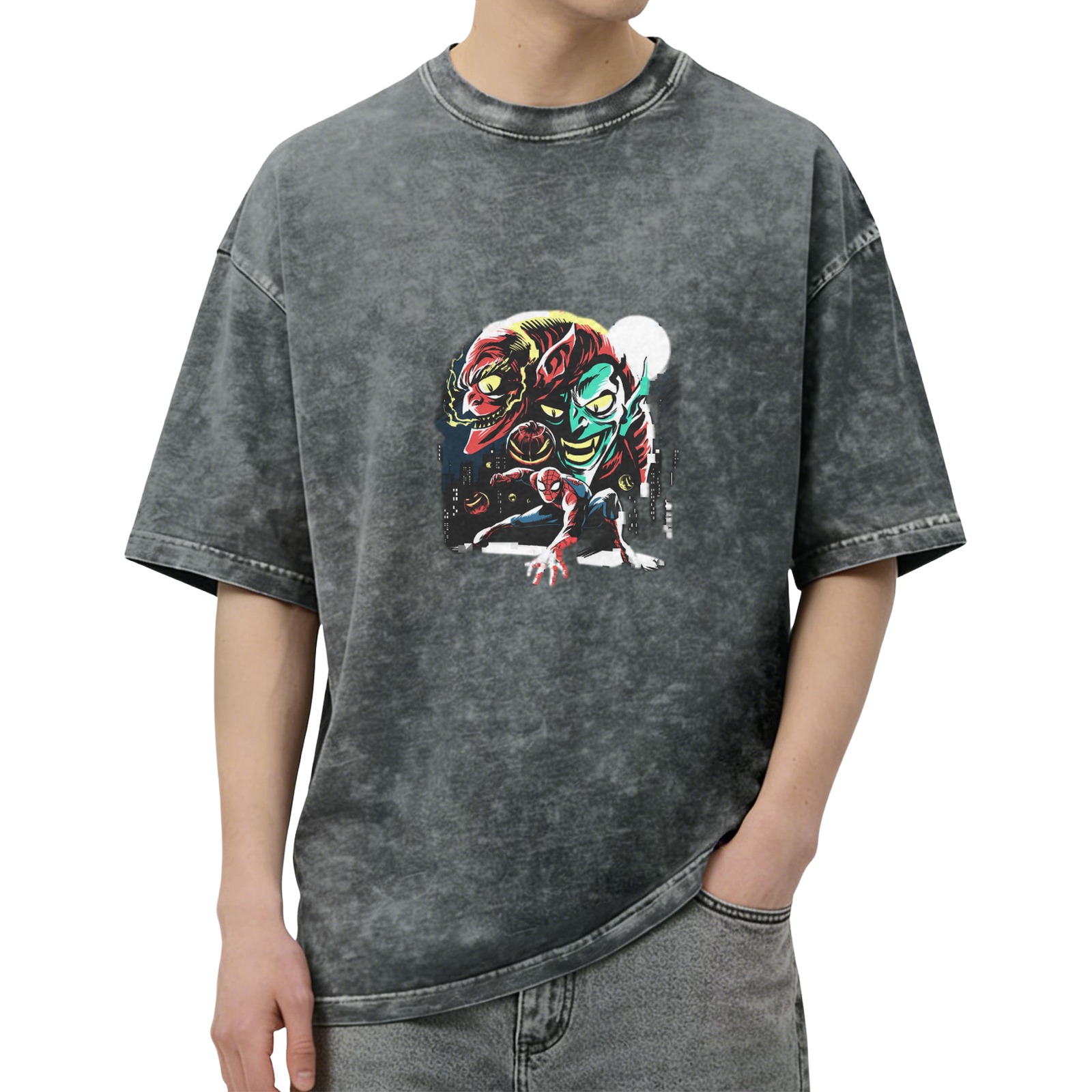 Oversized Acid Wash T-Shirt with Spider-Man and Green Goblin Graphic