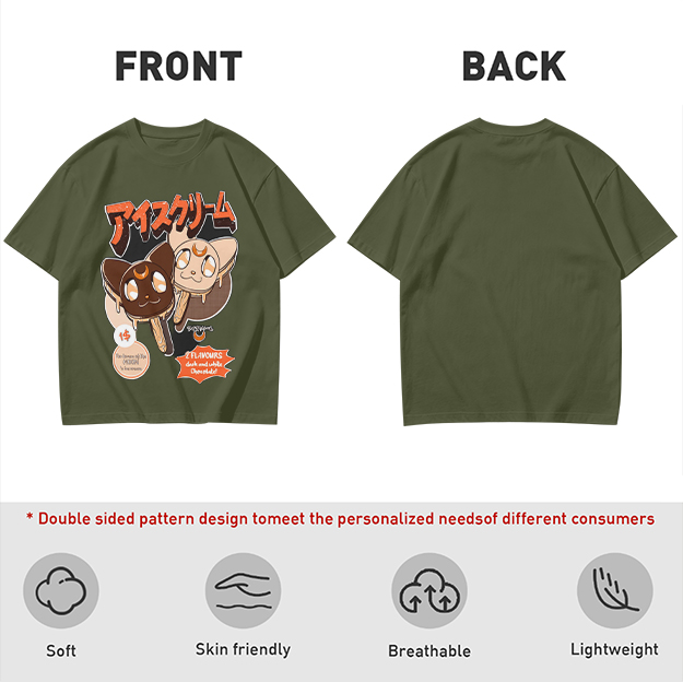 Olive T-shirt with cat ice cream popsicle graphic print