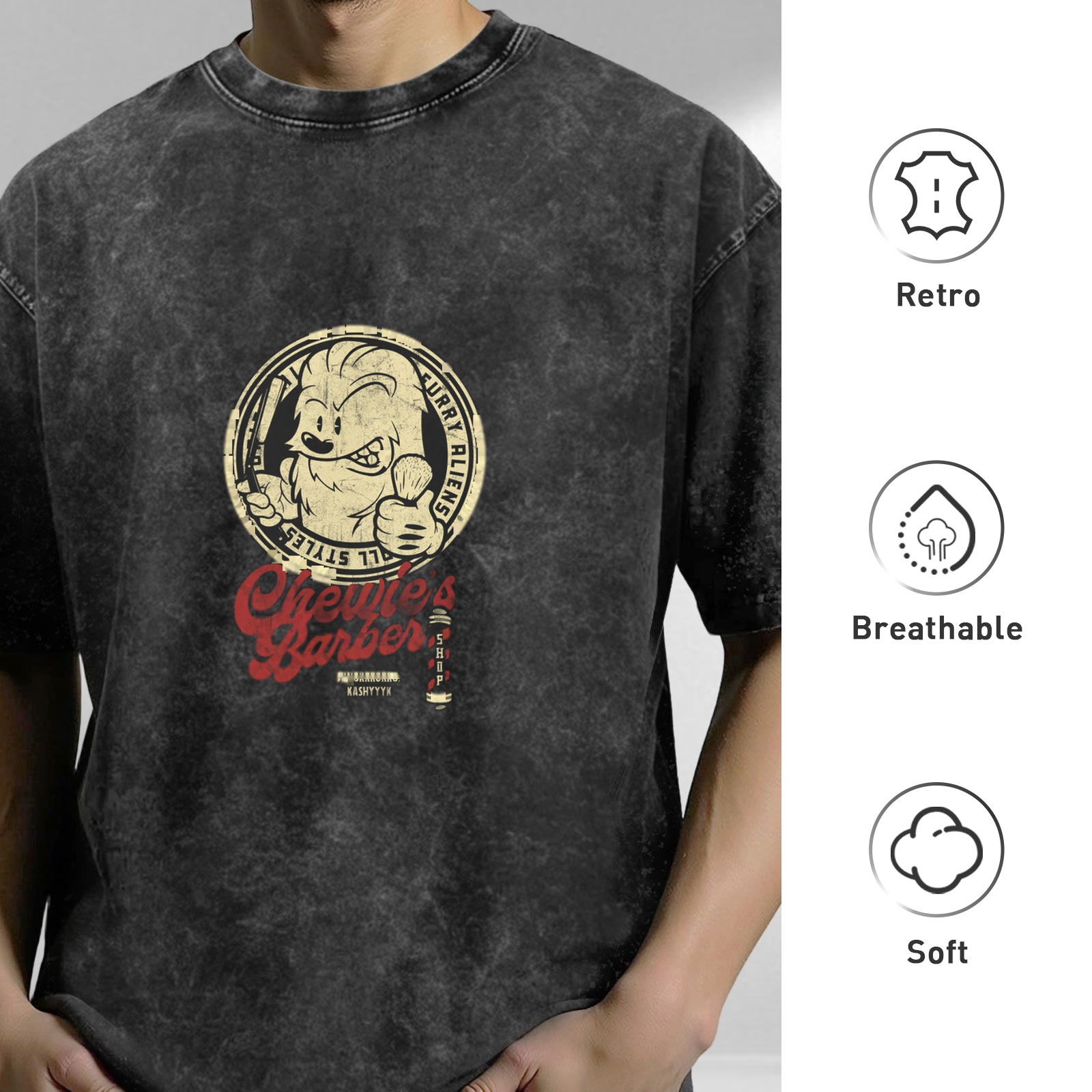 Oversized Acid Wash T-Shirt With Chewie's Barber Graphic Print