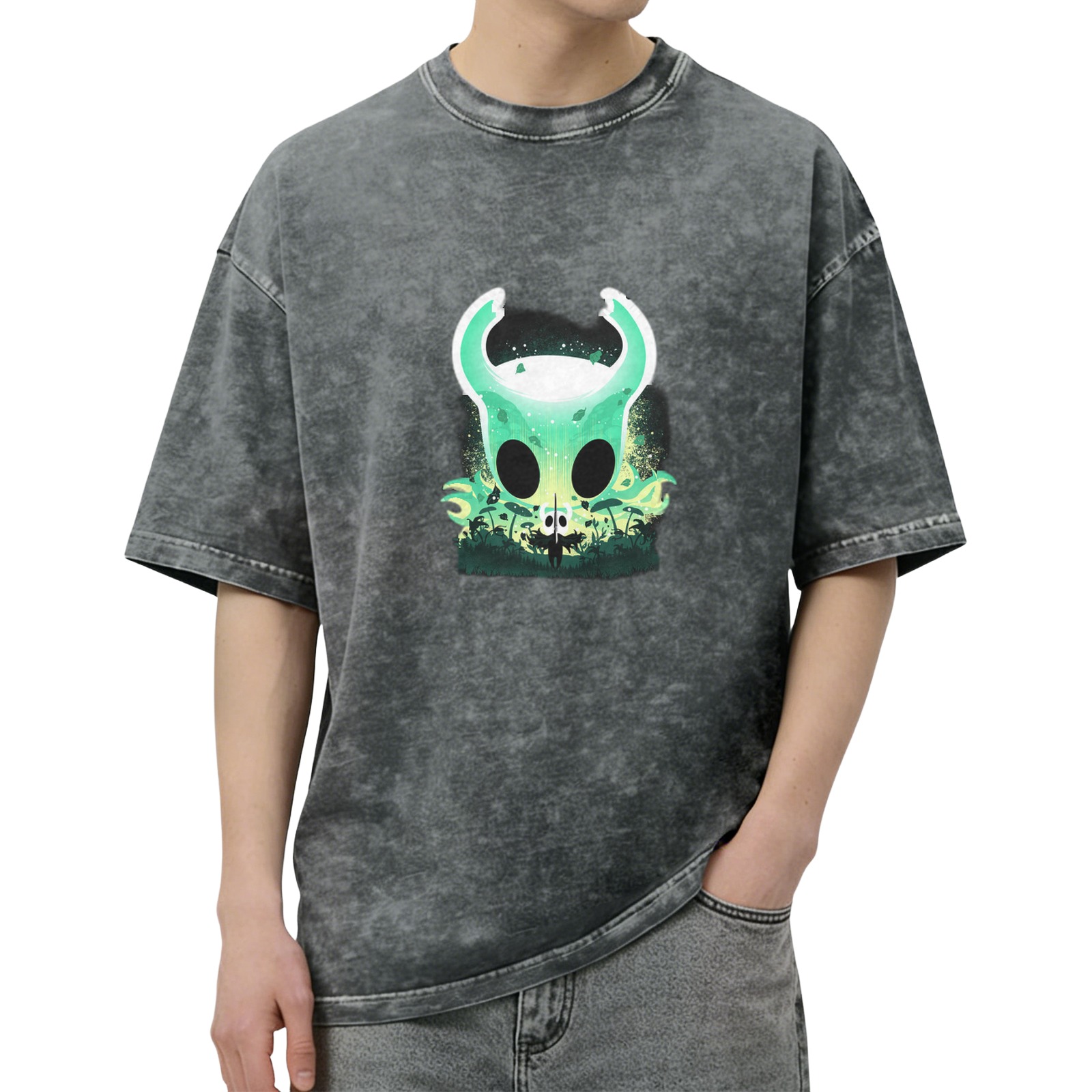 Oversized Dark Wash T-Shirt With Glowing Green Horned Skull Art