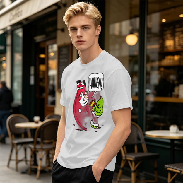 Olive Christmas T-Shirt With Grinch Lifting Santa Claus Print