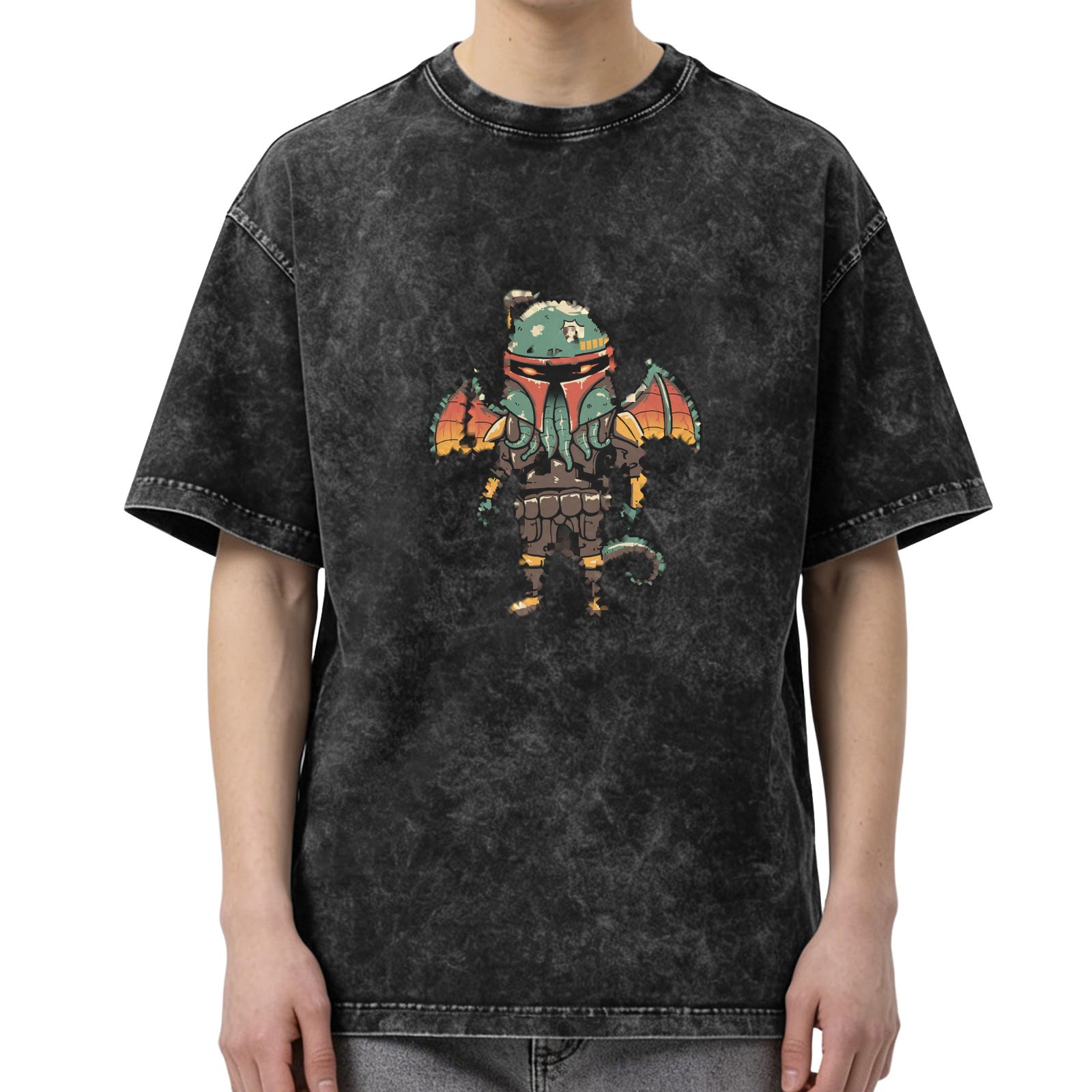 Washed Black T-Shirt with Cthulhu Boba Fett Mashup Graphic