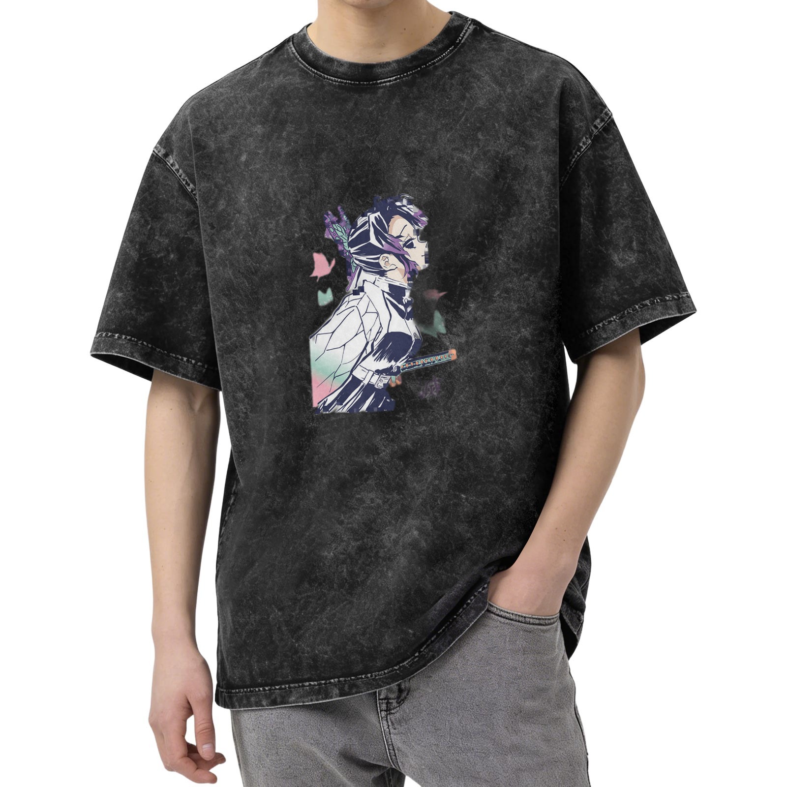 Oversized Vintage Wash Anime Graphic T-Shirt featuring Demon Slayer's Shinobu Kochou with Butterfly Motifs