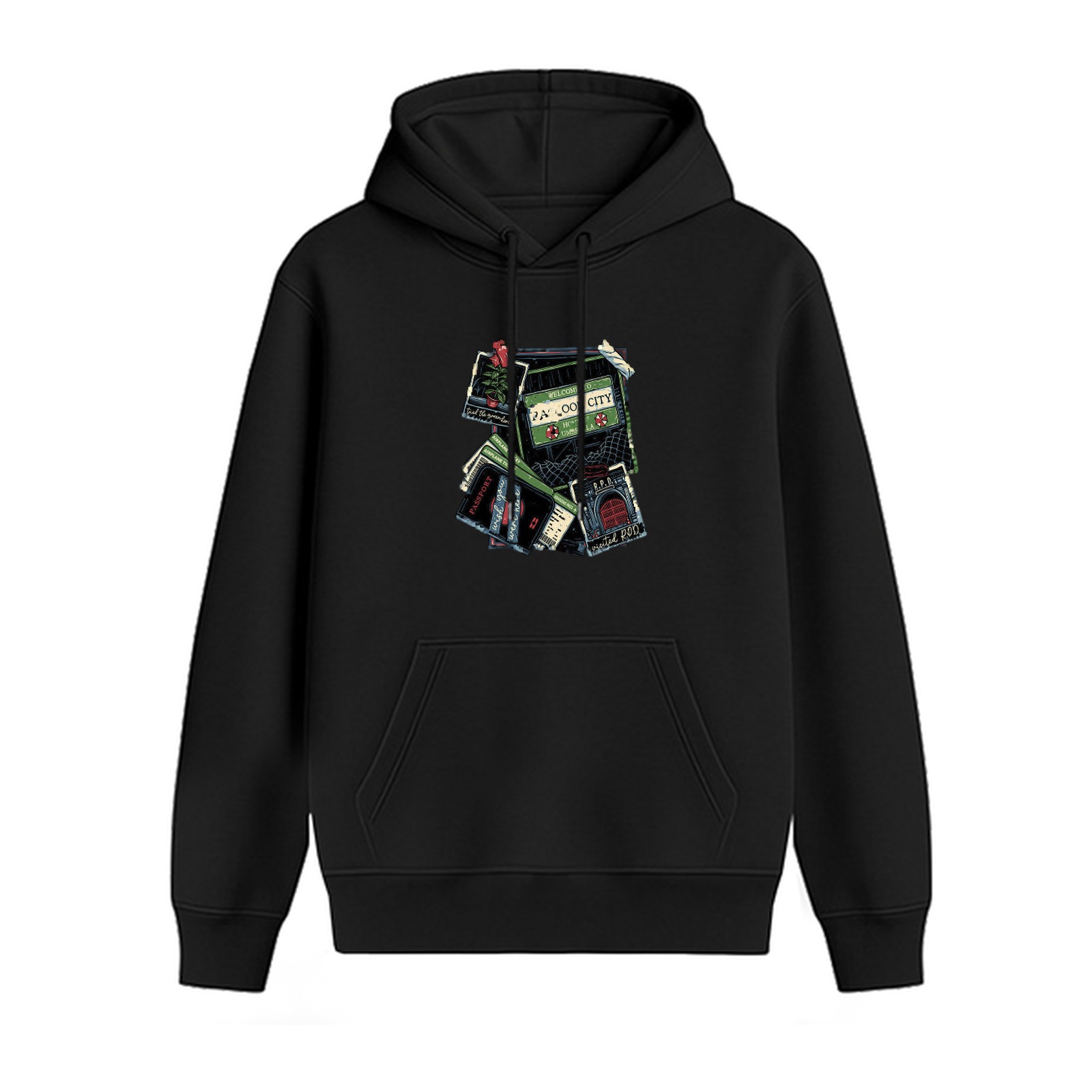 Black Hoodie with Retro Cassette Tapes Graphic Print