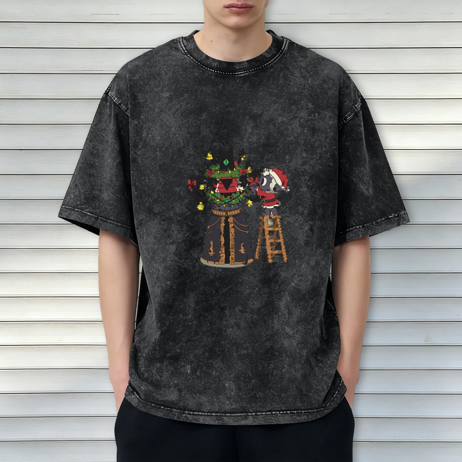 Washed Black T-Shirt With Cute Christmas Character Decorating Artwork