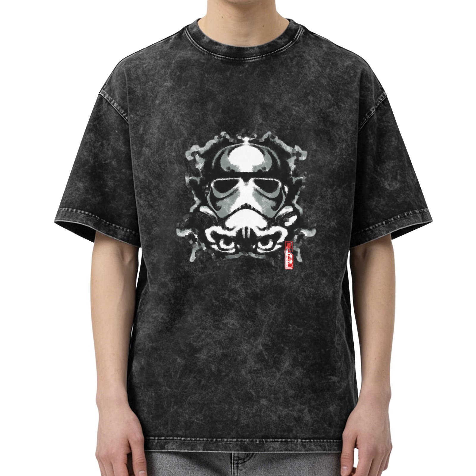 Washed Black T-Shirt with Samurai Stormtrooper Graphic Print