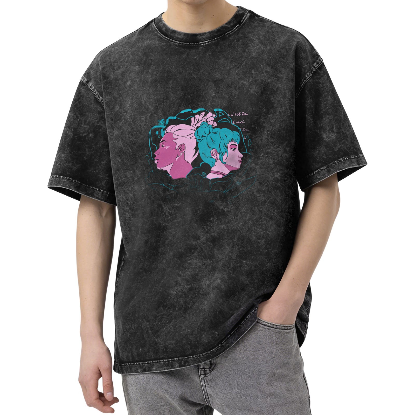 Oversized Acid Wash T-Shirt With Retro Anime Style Graphic Print
