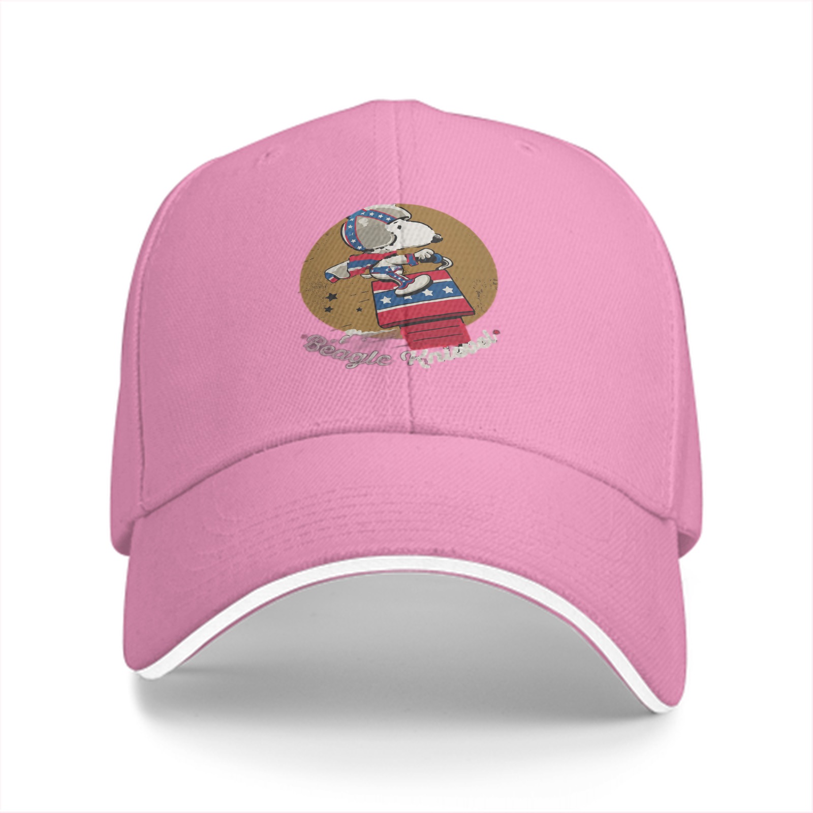 Black baseball cap with Snoopy Beagle Knievel stunt graphic