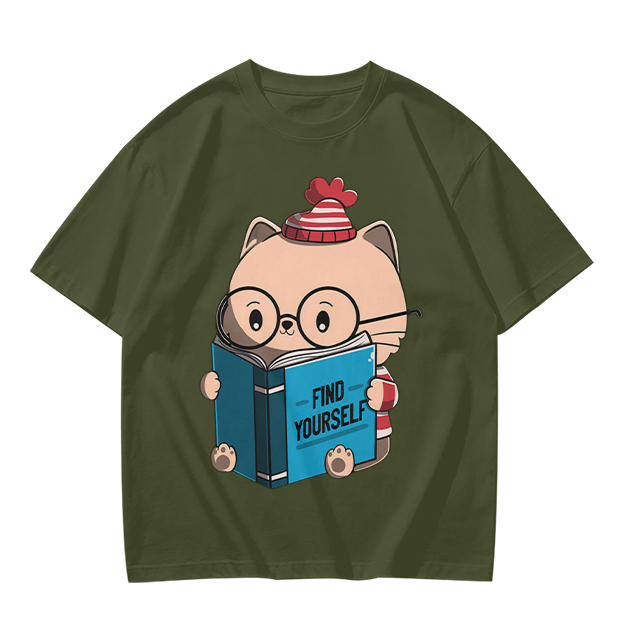 Olive T-shirt with Cute Reading Cat Graphic 'Find Yourself'