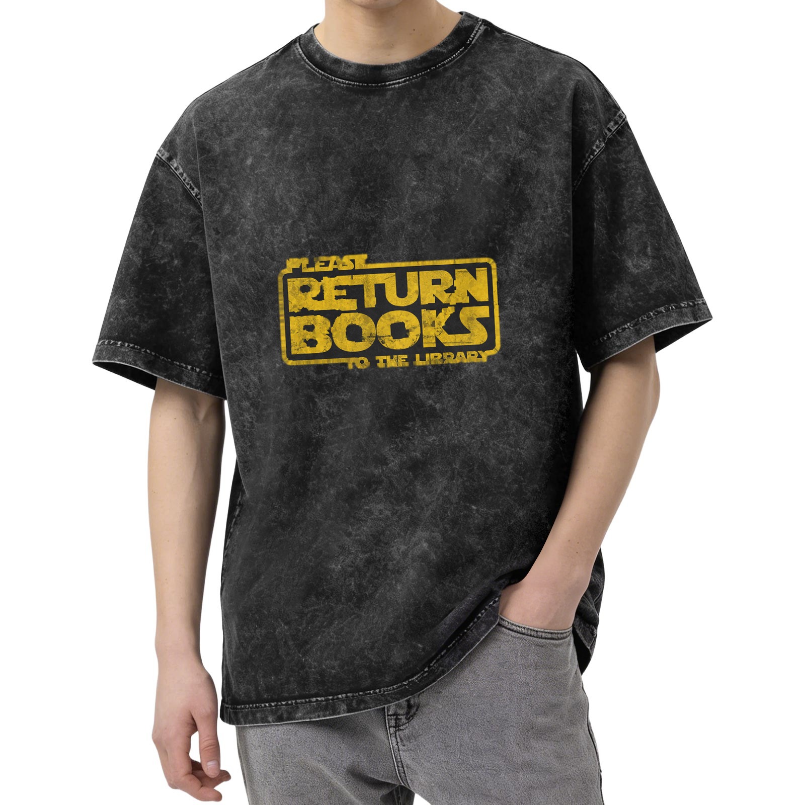 Washed Black T-Shirt With Star Wars Style Return Books Library Text
