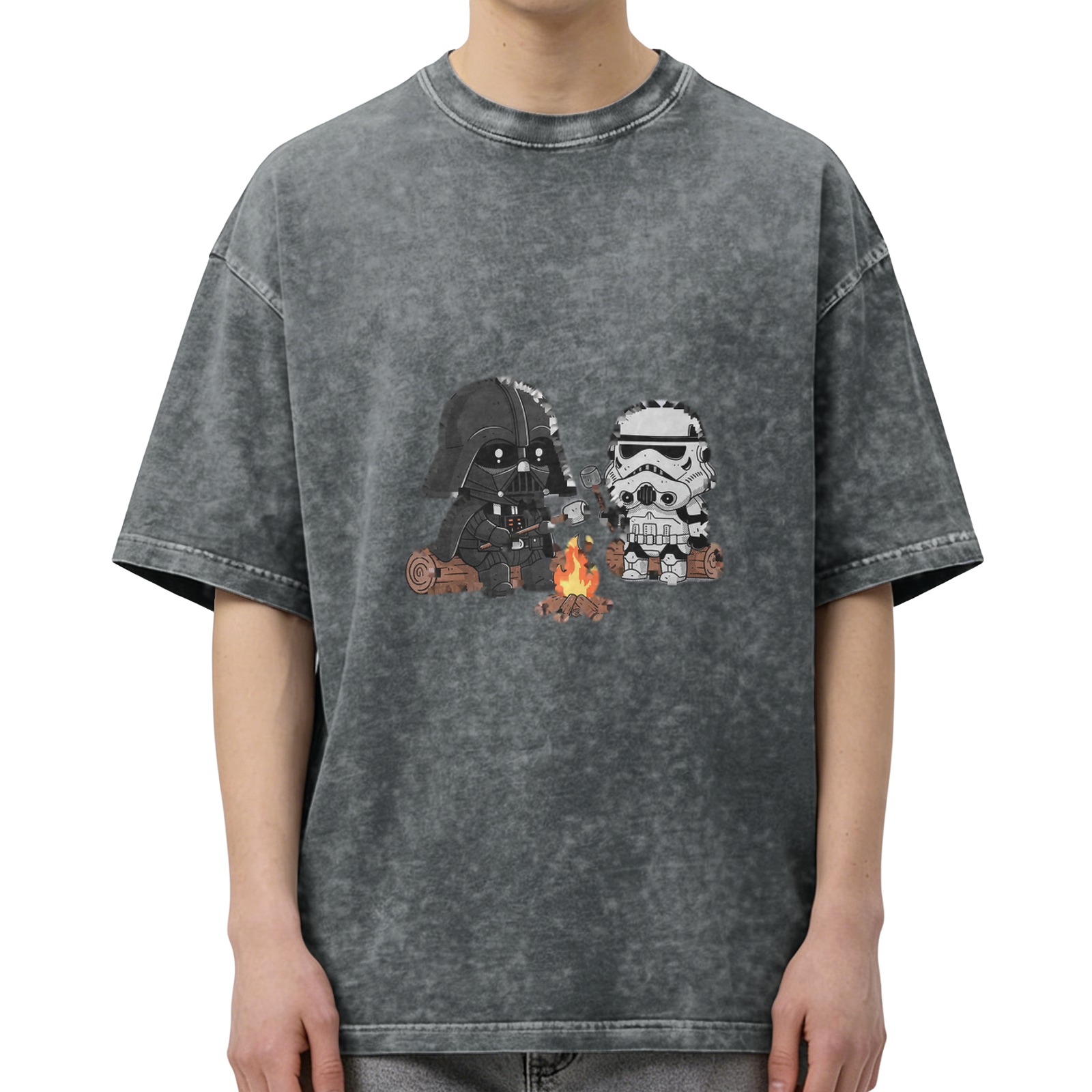 Washed Cotton T-Shirt with Cute Star Wars Characters Camping Graphic