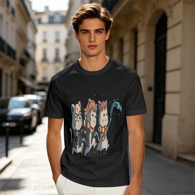 Olive T-Shirt With Harry Potter Themed Cat Trio Print