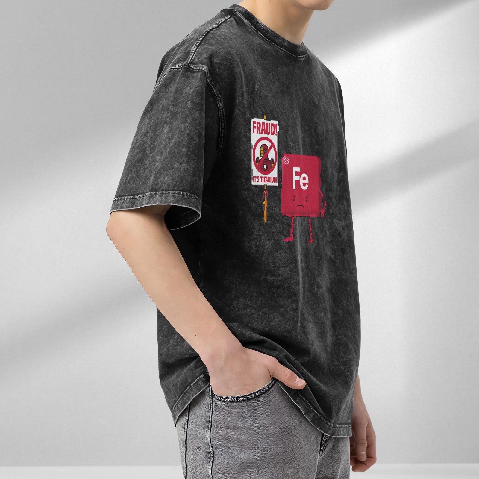 Oversized Acid Wash T-Shirt with Funny Iron Man Titanium vs Iron Element Graphic