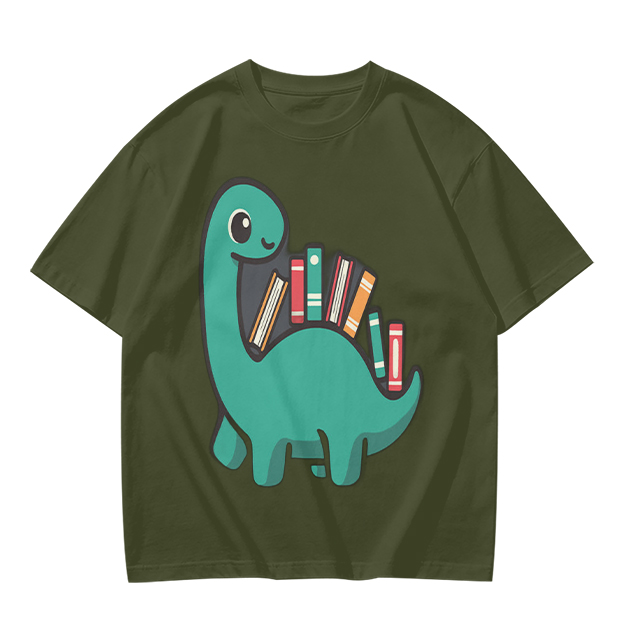 Olive T-shirt with cute dinosaur carrying books graphic
