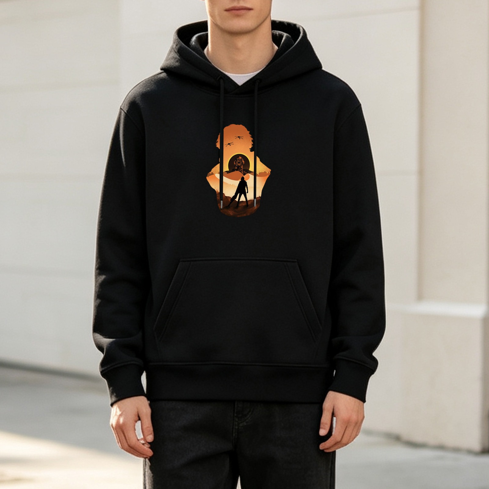 Black hoodie with desert sunset warrior silhouette graphic