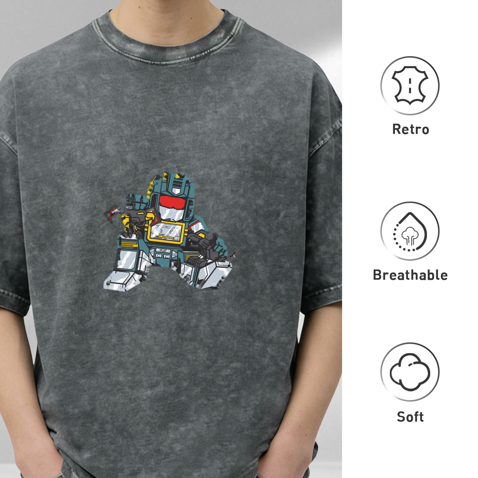 Oversized Acid Wash Black T-Shirt with Chibi Transformers Soundwave Graphic Print