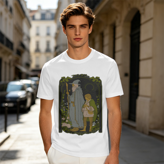 Olive T-Shirt with Wizard and Hobbit Fantasy Art Print