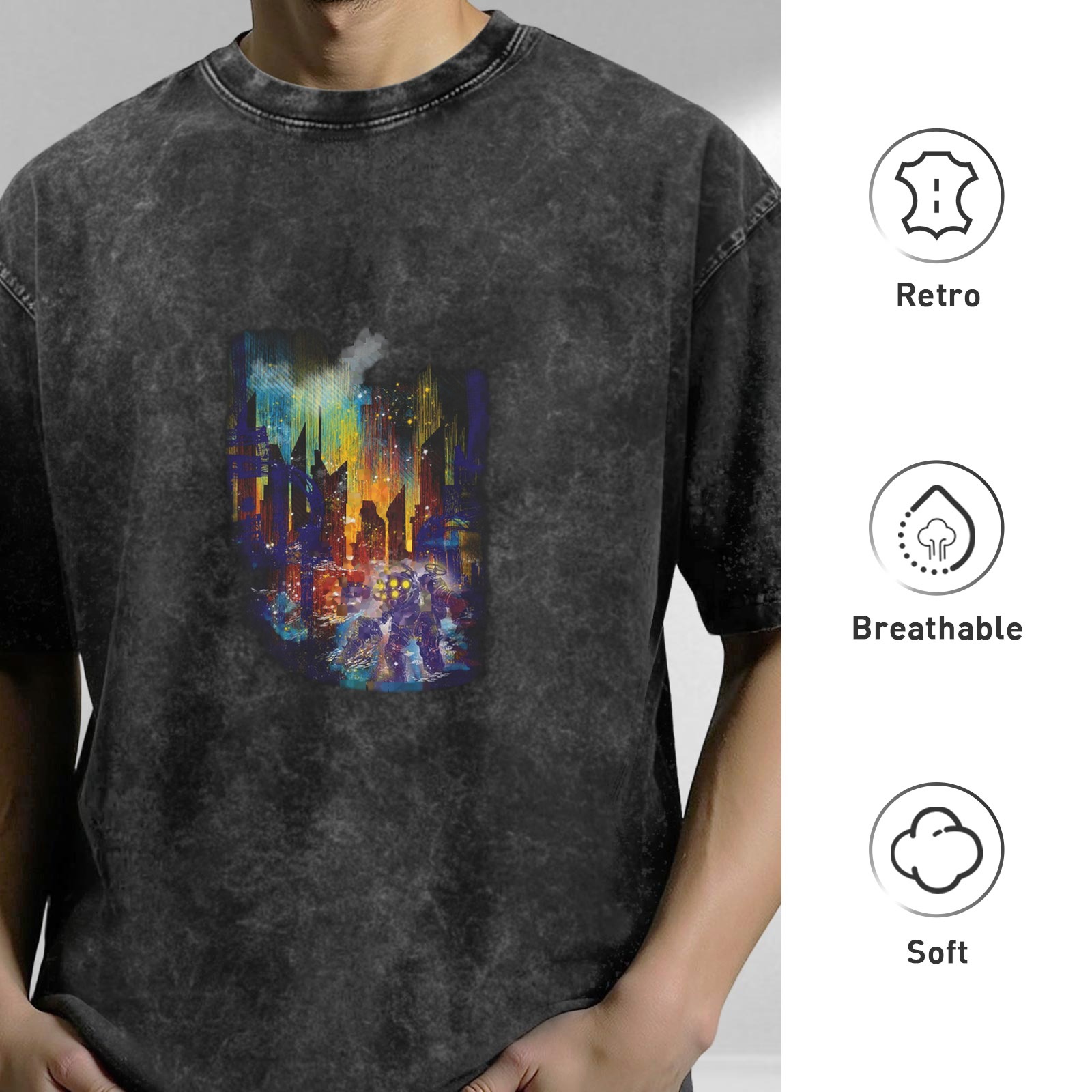 Men's distressed washed black loose short-sleeved T-shirt city night graffiti printed casual top