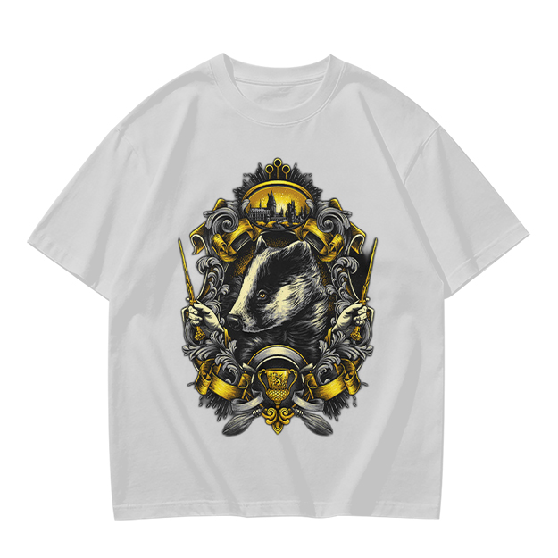 Olive T-shirt with Badger Crest Magical Artwork Print