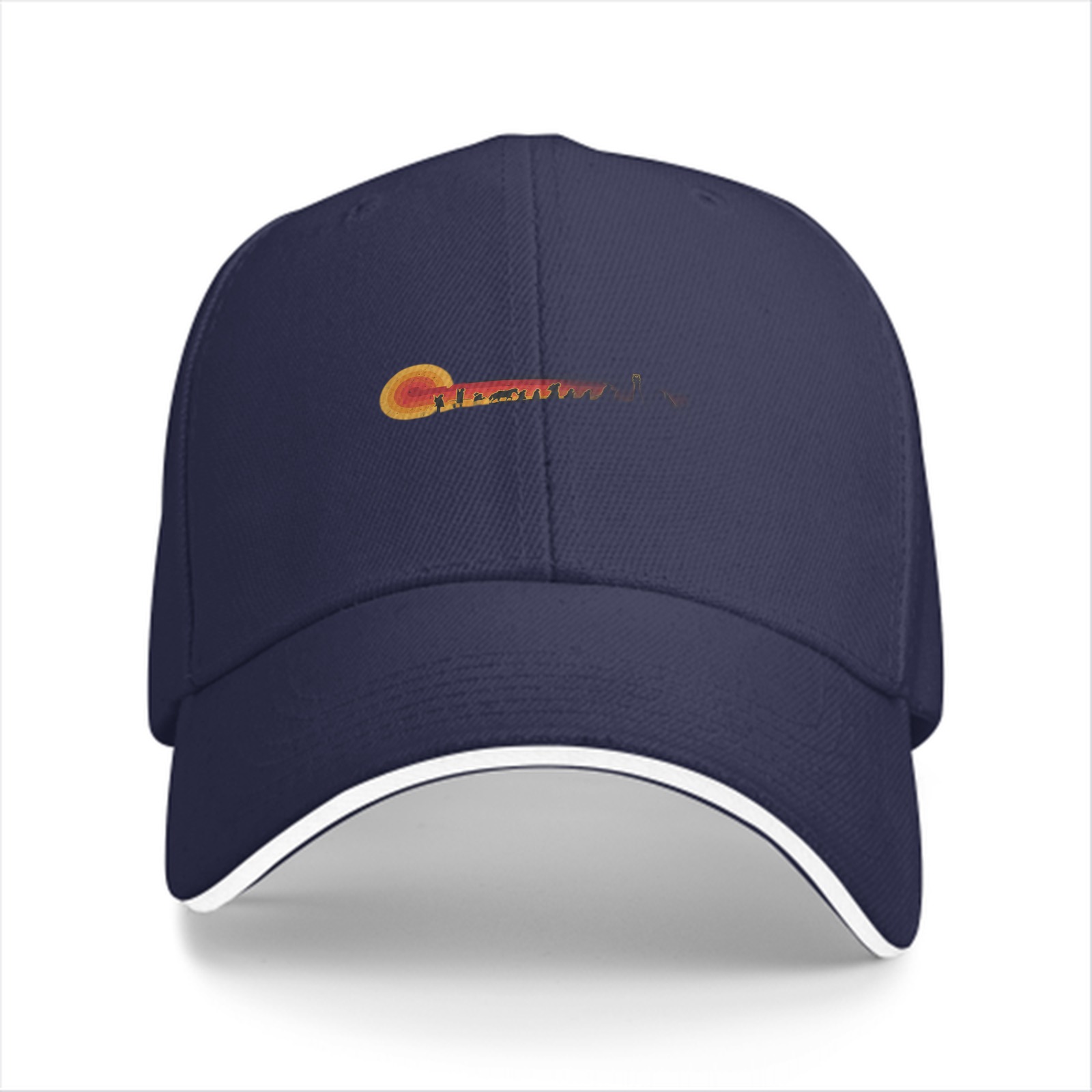 Black Baseball Cap with Sunset Landscape Graphic Design