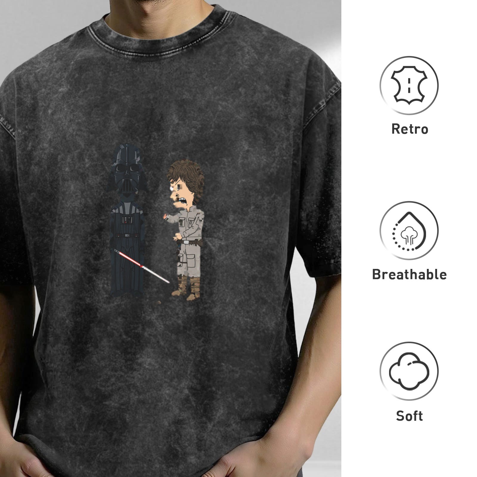 Washed Black T-Shirt with Cartoon Star Wars Darth Vader and Luke Design