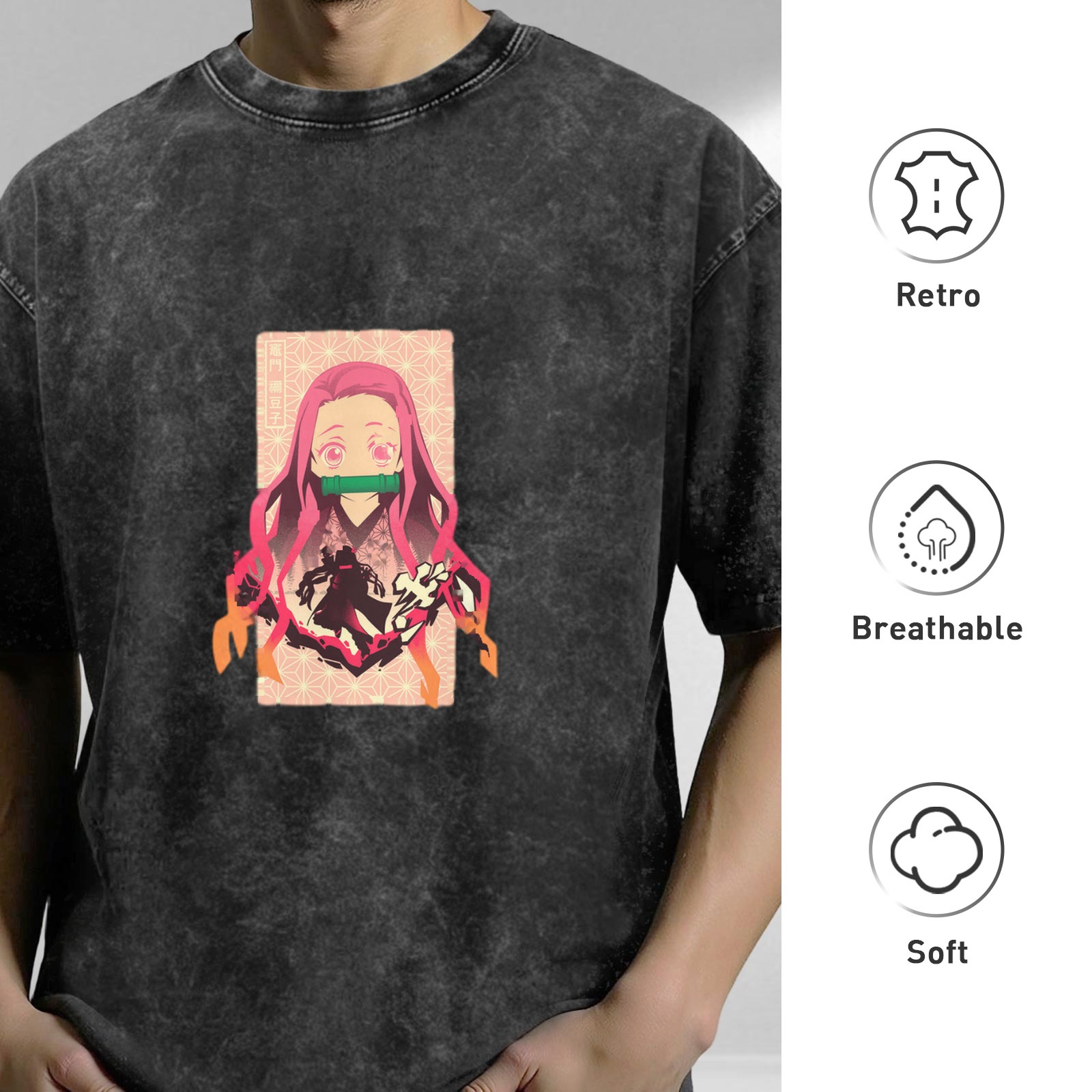 Demon Slayer: Kimetsu no Yaiba Nezuko themed distressed washed black short-sleeved T-shirt anime peripheral loose casual top